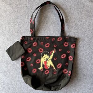 Betty Boop Tote Bag Black Red Lips Canvas Zip Top Shoulder Bag